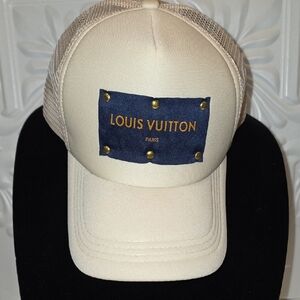 LoVe LV LUXURY Cream and Navy Trucker Hat LUXURY UPCYCLE LOGO